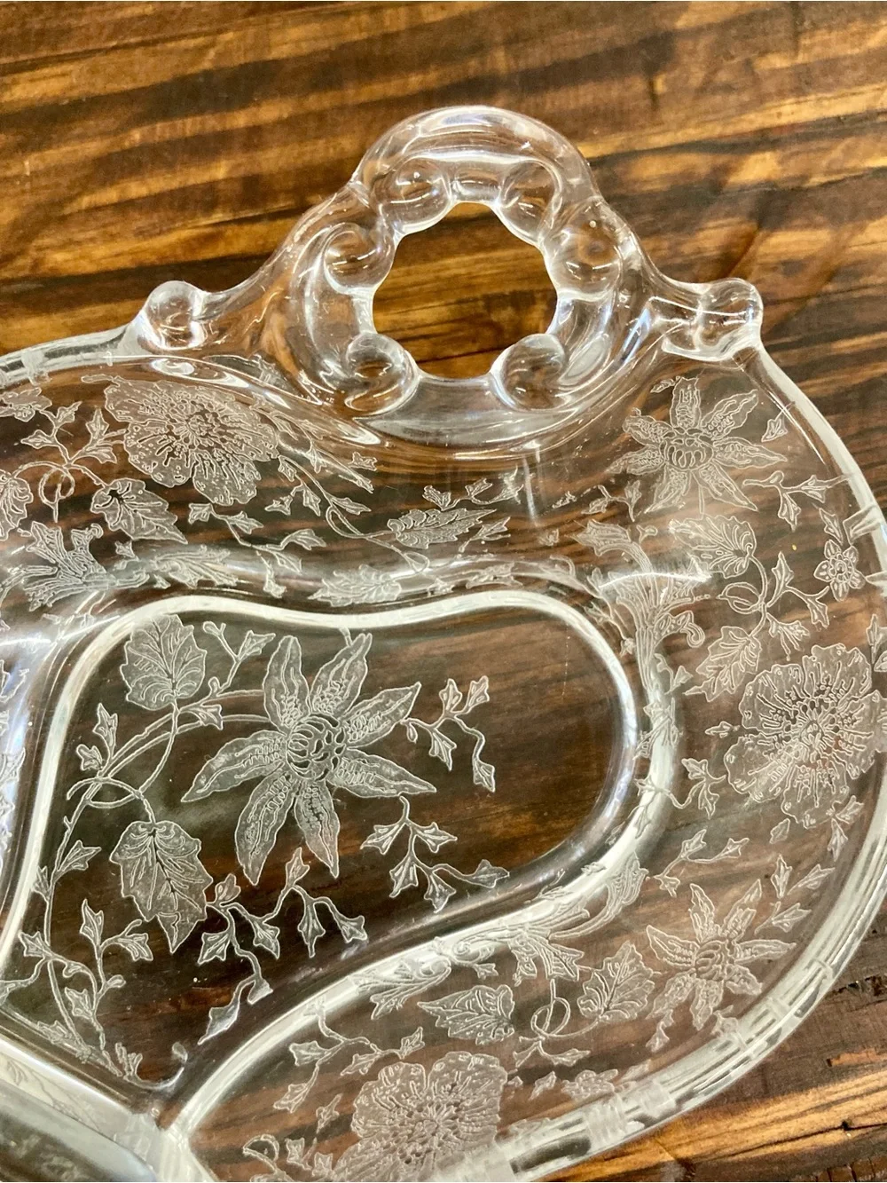 Clear Glass Wildflower Etched Glass Relish Dish Cottage Core 2 Section